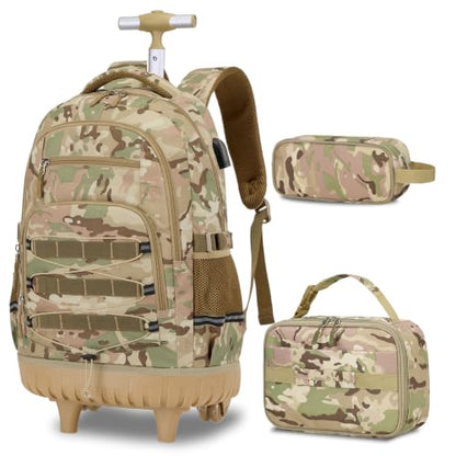ACESAK Camo Rolling Backpack Boys, Tactical Kids Backpack Boys, Kids Suitcase for Boy Teens Elementary Middle High School, Military Backpack with Wheels and Lunch Bag Pencil Case Set (Camo Khaki) - color: Camo Khaki