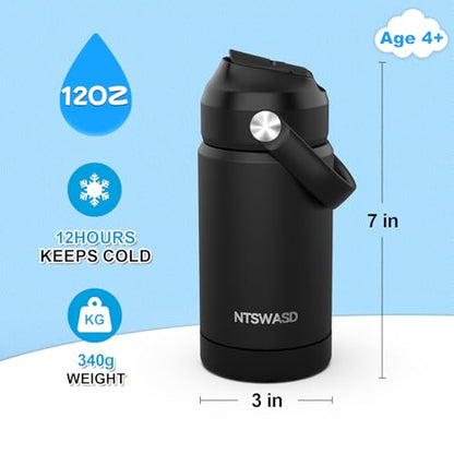 Boys Insulated Water Bottle with Straw,12 oz Kids Cups with Stainless Steel Leak Proof for School Daycare(Black) - color: A15.Black, style: 1Pack