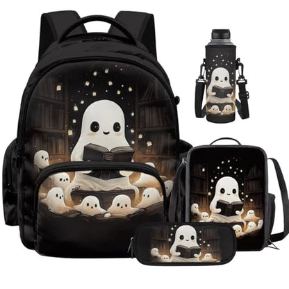 Cute Ghost Backpack for Girls Boys Backpack with Lunch Box Water Bottle Carrier Kawaii Pencil Case 4 in 1 Bookbag with Compartments 17 inch 1st 2nd 3rd School Bag for Kids Back to School - color: Cute Ghost