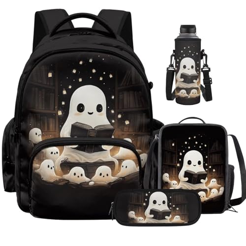 Cute Ghost Backpack for Girls Boys Backpack with Lunch Box Water Bottle Carrier Kawaii Pencil Case 4 in 1 Bookbag with Compartments 17 inch 1st 2nd 3rd School Bag for Kids Back to School - color: Cute Ghost