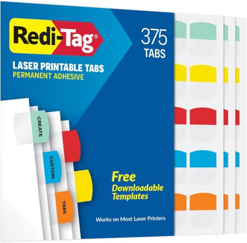 Redi-Tag Laser Printable Tabs,Permanent Index Tabs,Customizable Adhesive Labels,5 Assorted Colors: Yellow,Red,Blue,Green,Orange,1.125" x 1.25",375 Per Box (B39020),(Pack of 10) - size: 375 labels (Pack of 10)