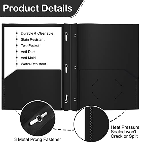 ViVin 12 Pack Plastic Folders with Pockets and Prongs, Heavy Duty 2 Pocket Folders with 3-Prong Fasteners, Poly File Holds 8-1/2" x 11" Paper for School Office Home (Black) - color: Black, size: 12 PACK