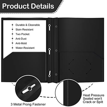 ViVin 12 Pack Plastic Folders with Pockets and Prongs, Heavy Duty 2 Pocket Folders with 3-Prong Fasteners, Poly File Holds 8-1/2" x 11" Paper for School Office Home (Black) - color: Black, size: 12 PACK