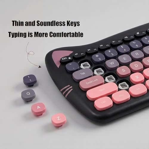 Cute Cat 2.4G USB Wireless Keyboard and Mouse Combo, Silent Keys, Candy Colors, Compatible with Notebook, PC (BlackPink-84Keys) - color: BlackPink-84Keys