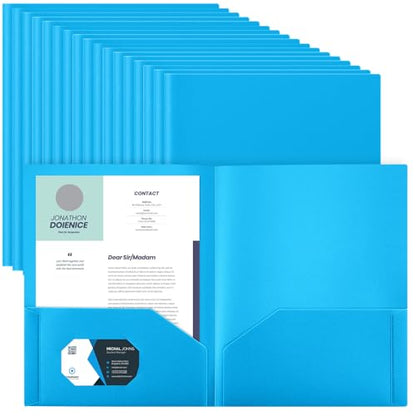 Gueevin 100 Pack Plastic Folder with Pockets, 2 Pocket Folders, Plastic Glossy Folders Fit Letter Size Paper, Heavy Duty Durable File Folder with Business Card for Home Office School (Lake Blue) - color: Lake Blue
