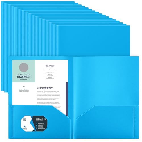 Gueevin 100 Pack Plastic Folder with Pockets, 2 Pocket Folders, Plastic Glossy Folders Fit Letter Size Paper, Heavy Duty Durable File Folder with Business Card for Home Office School (Lake Blue) - color: Lake Blue