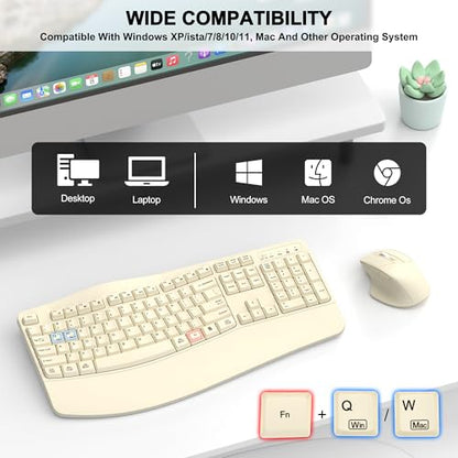 Wireless Keyboard and Mouse Combo, 2.4G Ergonomic Wave Keys (Latte) | Full Size Wave Keyboard with Wrist Rest, 3-Level DPI Adjustable Ergonomic Mouse for Windows and Mac OS Desktop/Laptop/PC - color: Latte