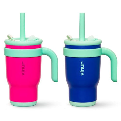 VINUR 14 oz Kids Tumbler with Handle and Straw Lid-2 Pack Stainless Steel Insulated Tumbler Travel Cup with Rubber Base|Drop and Leak Resistant |Cup Holder Friendly (Rose Pink-Navy) - color: Rose Pink-Navy, size: 14 Ounces