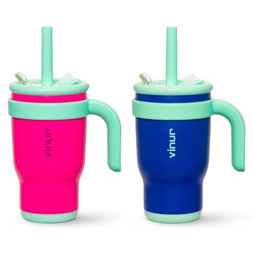 VINUR 14 oz Kids Tumbler with Handle and Straw Lid-2 Pack Stainless Steel Insulated Tumbler Travel Cup with Rubber Base|Drop and Leak Resistant |Cup Holder Friendly (Rose Pink-Navy) - color: Rose Pink-Navy, size: 14 Ounces