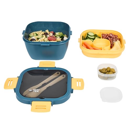 Restaurantware-Bento Tek 57.5 Ounce Bento Box, 1 Reusable Lunch Container - With Fork And Knife, Does Not Contain BPA, Blue And Yellow Plastic Reusable Lunch Box, Microwavable, Dishwashable - size: 1 Count, style: 58 oz - Blue
