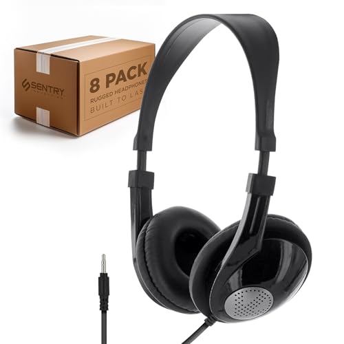 SENTRY Bulk 8 Pack Rugged School Headphones, 3.5 mm Jack Connection, Durable for Kids, Students, Teachers, Classrooms, Braided Cable, Inline Microphone, for Online Learning