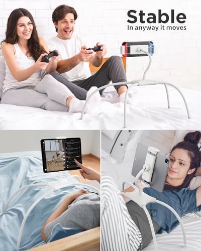 SAIJI Tablet Holder for Bed - iPad Phone Stand for Lap (White) | Fit Devices from 4.7" to 15.6", 360-Degree Rotating Clip, Hands-Free Reclined Reading, Neck & Posture Relief - color: White