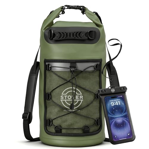 STOVER 5/10/25/30/40L Waterproof Dry Backpack & Phone Case- Large Floating Dry Bag for Kayaking, Travel, Hiking, Fishing, Camping, Motorcycles & Beach, Heavy-Duty Roll Top Men/Women (Green) - color: 25l+ Green, size: 25L
