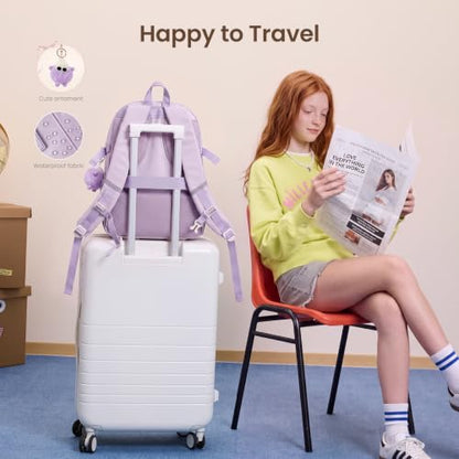 LOVEVOOK School Backpack for Teen Girls, Student Backpack Purse for 8-16 Teenage, Cute Kid Bookbag with Large Cup Holder, Back to School Backpacks Fit 15.6 Inch Laptop, Large College Travel Bag Gift - color: Off White With Khaki With Reflective Strip, siz