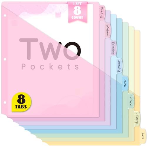 Sooez 8-Tab Binder Dividers with Two Pockets, 8 Tabs Dividers for 3 Ring Binder Organizers, 3-Hole Plastic Sheets Protectors for US Letter Size, School, College, Office Supplies, Pastels, Set of 1 - size: 1 Set