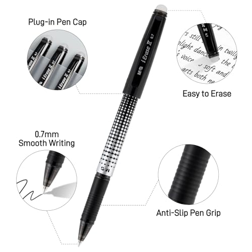 M&G Erasable Pens, 15 Pcs Erasable Gel Pen Medium Point 0.7mm, Black Erasable Gel Ink Pen with Comfort Grip and Cap, Make Mistakes Disappear for Drawing Writing Planner and Crossword Puzzles - color: Black