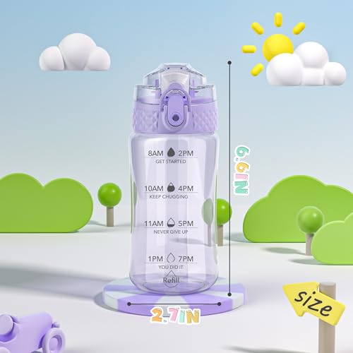 OLDLEY 12oz Kids Water Bottle, Tritan BPA-Free, Leakproof Flip Straw Lid, Motivational Time Marker, Carry Strap, Reusable Clear Water Bottle for Boys & Girls,Amethyst - color: Amethyst, style: 12 Ounces