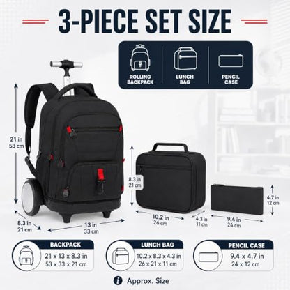 CCJPX 3Pcs Men & Boys Rolling Backpack with Bigger Wheels, Extra-Large Wheeled Bookbag with Lunch Box, Water Resistant Extra-Large Roller Luggage for Travel, Work, College (Black) - color: Black(upgrade Large Wheel)