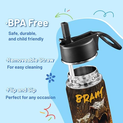 Personalized Dinosaur Water Bottle for Boys, Customized Kids Insulated Bottle with Name for Kids for School, Stainless Steel Thermo with Straw, 18oz - color: Dinosaur