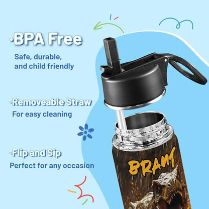 Personalized Dinosaur Water Bottle for Boys, Customized Kids Insulated Bottle with Name for Kids for School, Stainless Steel Thermo with Straw, 18oz - color: Dinosaur
