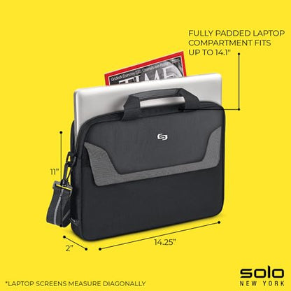 Solo New York Briefcase - Laptop Carrying Bag for Women & Men, Brief for Travel & Work, Full Length Front Pocket, Adjustable Shoulder Strap, Fits 14" Computer - Flatiron Slim, Black