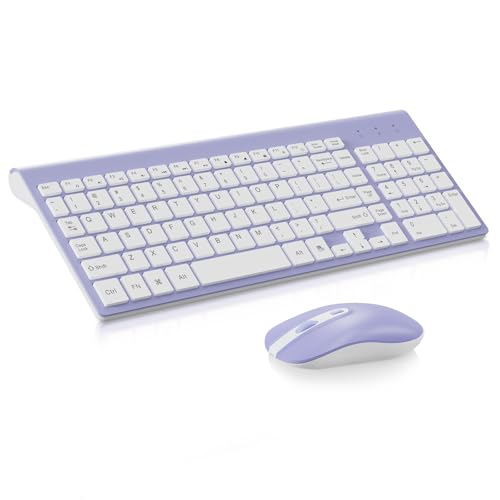 cimetech Wireless Keyboard and Mouse Combo, Compact Full Size Wireless Computer Keyboard and Mouse Set 2.4G Ultra-Thin Sleek Design for Windows, Computer, Desktop, PC, Notebook - Purple - color: Purple White