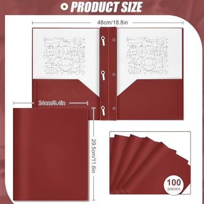 Lincia 100 Pcs Plastic Folders with Pockets and Prong Folders with Prongs 2 Pockets for Office, School for Students, Teachers, Office Workers (Dark Red) - color: Dark Red