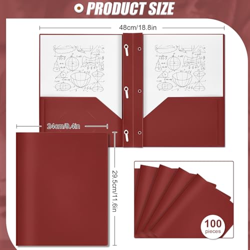 Lincia 100 Pcs Plastic Folders with Pockets and Prong Folders with Prongs 2 Pockets for Office, School for Students, Teachers, Office Workers (Dark Red) - color: Dark Red