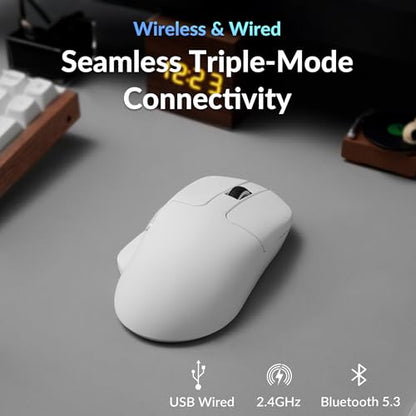Keychron M7 8K Wireless Mouse, 30K DPI Optical Computer Mice, 2.4 GHz/Bluetooth/Wired with Macro Button 66g Lightweight Ergonomic, Up to 140 Hours Worktime for Laptop macOS/Windows - White - color: White, style: 8K Polling Rate