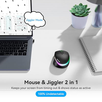 TECKNET Wireless Mouse Jiggler, Rechargeable Mouse with Built-in Mouse Mover, 6 Adjustable DPI,14 LED Modes, Silent Click,Undetectable Random Movement Keeps Computer Awake for Laptop/PC/Mac - Black - color: Black