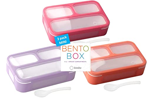 Small Snack Containers for Kids Toddlers - 3 Compartments (Set of 3) - Leak-Proof Reusable Boxes with Lids -BPA-Free Plastic Mini Bento Lunch Box - Ideal for School, Holds 2 Cups (Pink+ Purple+ Coral) - color: Pink Purple Coral MINI 3pk