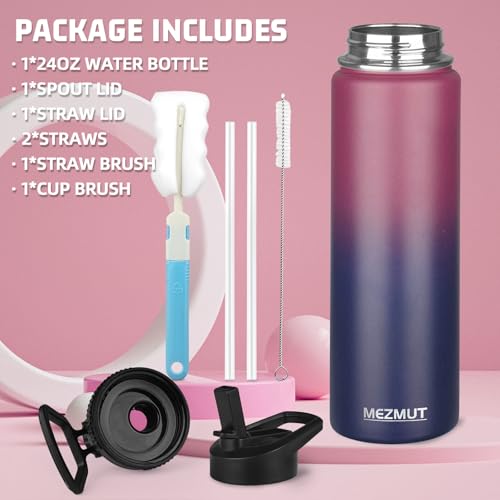 MEZMUT 18oz Insulated Water Bottle with Straw&3 Lids Stainless Steel Water Bottles Kids Metal Cups Water Bottle Cup for School Vacuum Insulated Bottles Leak-Proof Travel Cup (Gradient Red Blue) - color: Red Blue, size: 18 Ounces