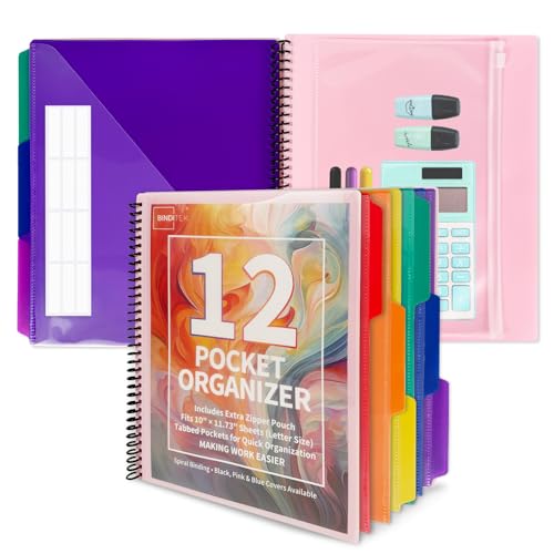 Binditek 12-Pocket Poly Project Organizer, 6 Dividers, Pink | Multi Pocket Folder, Heavyweight Poly Cover, Clear Front Pocket, 1/3-Cut Tabs, Fixed Zipper Pouch, Letter Size - color: Pink