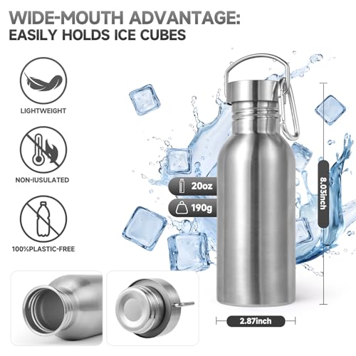 Volhoply 20oz Uninsulated Single Walled Water Bottle, Stainless Steel Reusable Water Bottles with Handle & Carabiner, BPA Free 18/8 304 Sports Water Bottles for Camping Hiking(Silver,1) - color: Silver