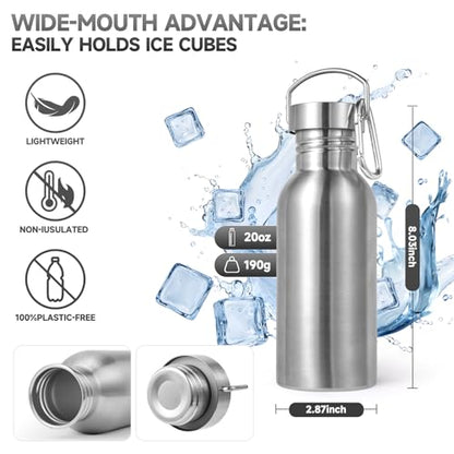 Volhoply 20oz Uninsulated Single Walled Water Bottle, Stainless Steel Reusable Water Bottles with Handle & Carabiner, BPA Free 18/8 304 Sports Water Bottles for Camping Hiking(Silver,1) - color: Silver
