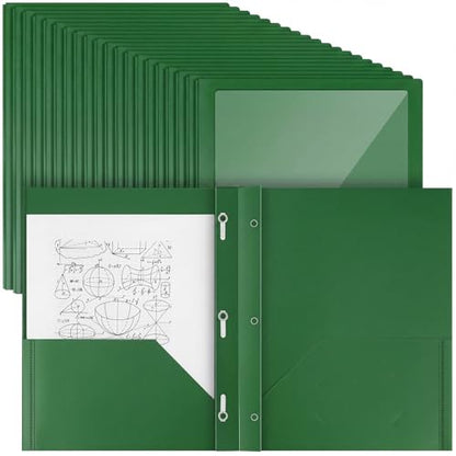 Teling 24pcs Heavy Duty Plastic Folders with Clear Front Pocket and Card Slot, 3 Prongs and 2 Pockets, Letter-Size, Reports Document Presentations Office Supplies, Back to School Gifts (Dark Green) - color: Dark Green