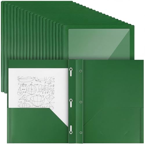 Teling 24pcs Heavy Duty Plastic Folders with Clear Front Pocket and Card Slot, 3 Prongs and 2 Pockets, Letter-Size, Reports Document Presentations Office Supplies, Back to School Gifts (Dark Green) - color: Dark Green