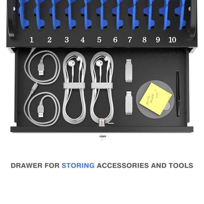 POCHAR 10-Device Open Charging Station for Chromebooks, iPads & Tablets | Heavy-Duty Steel Rack with Lockable Storage Drawer, Multi-Device Charging Organizer for School, Office, Hospital - size: 10 Tablet/Chromebook