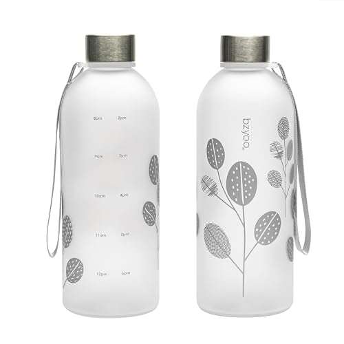 bzyoo 32oz 1 Liter Clear Water Bottle with Time Marker, Leaf Design, Durable Plastic, BPA-Free, Reusable with Measurement Markings for Fitness and Outdoor Activities (Color: Silver) - color: Leaf Silver