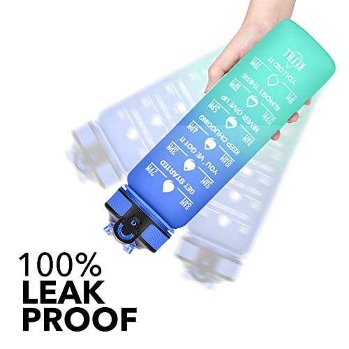 Hyeta Water Bottle with Straw & Time Marker, Plastic 32oz Leakproof | Motivational Tritan BPA Free Gym Office Outdoor Intake Tracker Hourly Reminder Straw Lid Carry Strap - color: Sea Level