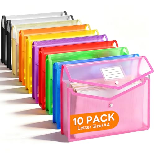 Plastic Expanding File Folder, Transparent Envelopes with Snap Closure | No Dividers, Large Capacity, Assorted Colors, Accordion Folder Organizer for File Folder, Fits Letter / A4 Size, 10 Pack