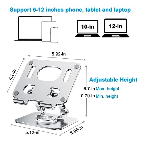 DCHAV Foldable Adjustable Drawing Tablet Stand for Desk iPad Holder Laptop Computer Riser 360 Rotating Ergonomic Aluminum Raised Table for Portable Monitor Phone 5-12 Inch Notebook, Silver