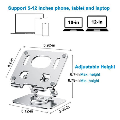DCHAV Foldable Adjustable Drawing Tablet Stand for Desk iPad Holder Laptop Computer Riser 360 Rotating Ergonomic Aluminum Raised Table for Portable Monitor Phone 5-12 Inch Notebook, Silver