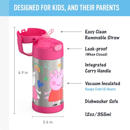 THERMOS FUNTAINER Water Bottle with Straw - 12 Ounce - Kids Stainless Steel Vacuum Insulated Water Bottle with Lid, Peppa Pig - color: Peppa Pig