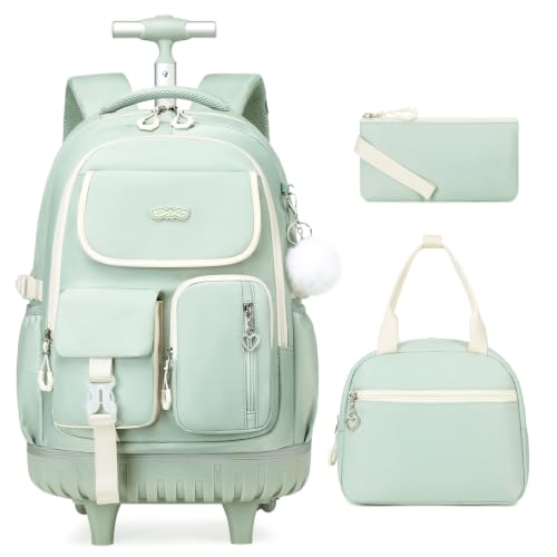 DIGOBAY Rolling Backpack for Girls, Girls Roller Backpack with Lunch Bag and Pencil Case, School Bookbag with Wheels for Elementary Middle High School Travel, Green - color: Green