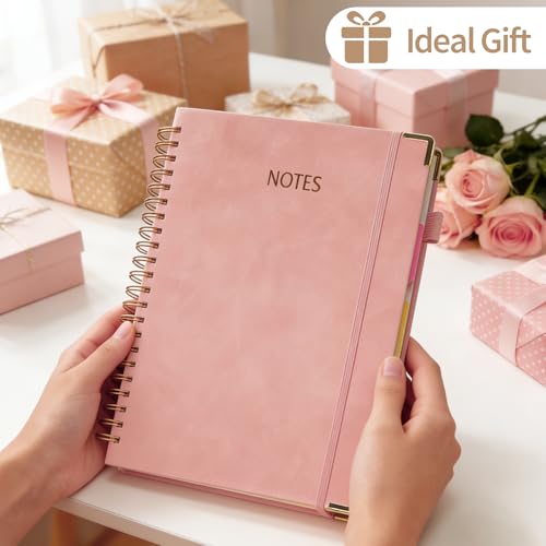 biguphate 1Pack Hardcover Spiral Notebook with Tab, Ruler & Removable Dividers, 300 Pages 8"x10" Large B5 Faux Leather Notebooks, 5 Subject Notebook College Ruled for Work, Home (Pink) - color: 1PACK-Pink