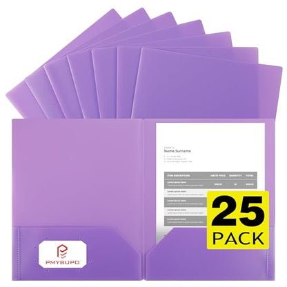 pmybupo 25Pack Purple Plastic Folders with Pockets,Durable Heavy Duty File Folders with Business Card Slot,2-Pocket Folder for Kids,Home,School,Office - color: Purple