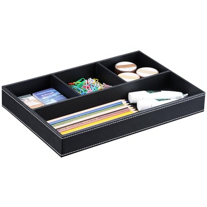 KINGFOM Pu Leather Desk Organizer Tray, 4 Compartment Office Storage Supplies Stationery Drawer Tray, Nightstand Bedside Tray for Key, Wallet, Sunglass, Watch, Coin, Phone Valet Tray Stackable Black - color: Black