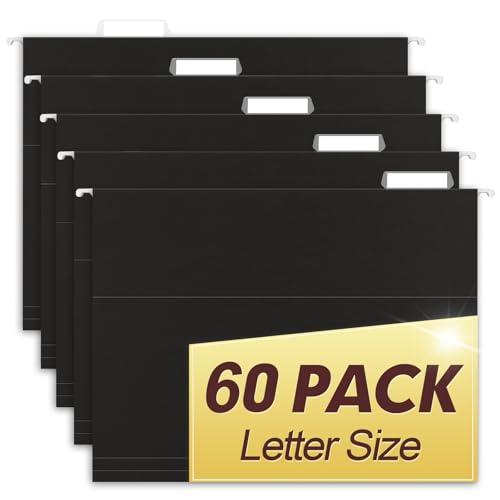HERKKA Hanging File Folders, 60 Pack Reinforced Letter Size Hanging Folders, Designed for Bulky Files, Filing Cabinet, 1/5-Cut Adjustable Tabs (Black) - color: Black