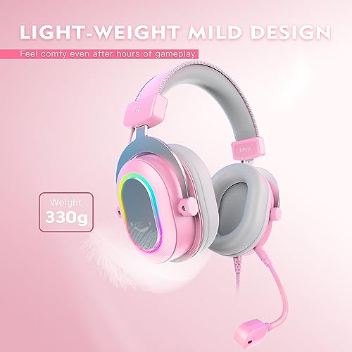 FIFINE PC Gaming Headset, USB Wired Headset with Microphone, 7.1 Surround Sound, in-Line Control, Computer RGB Over-Ear Headphones for PS4/PS5, for Streaming/Game Voice/Video-AmpliGame H6 (Pink) - color: Pink